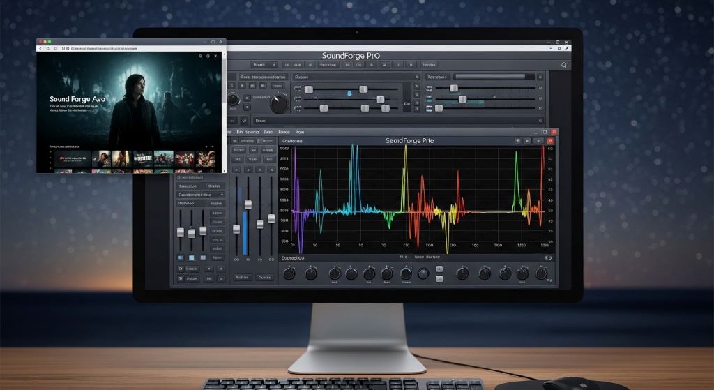 Audio equalizer software interface open on a desktop computer while streaming a movie online