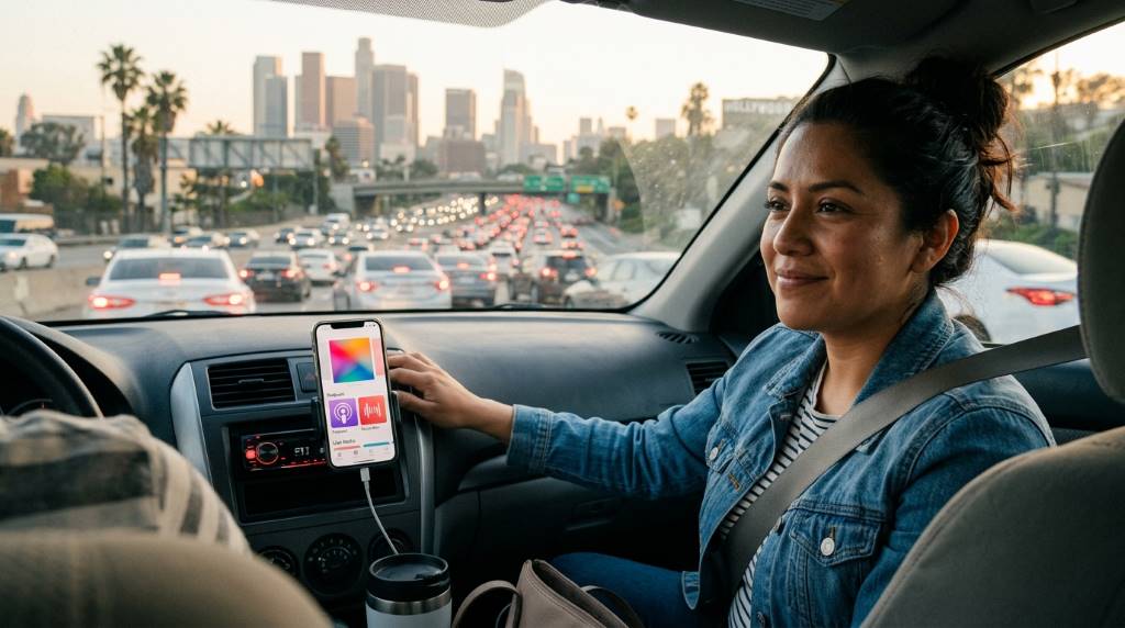Driver in Los Angeles traffic listening to streaming audio on smartphone dashboard